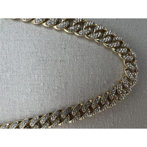 Heavy Gold Tone Cuban Link Chain Necklace with Rhinestones - Picture 8 of 10